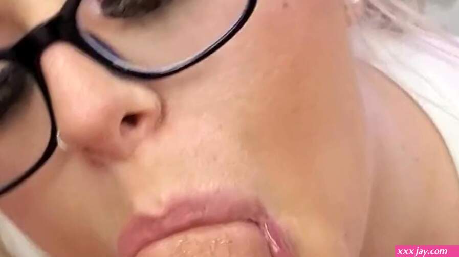 Chubby blonde gives sloppy blowjob in glasses