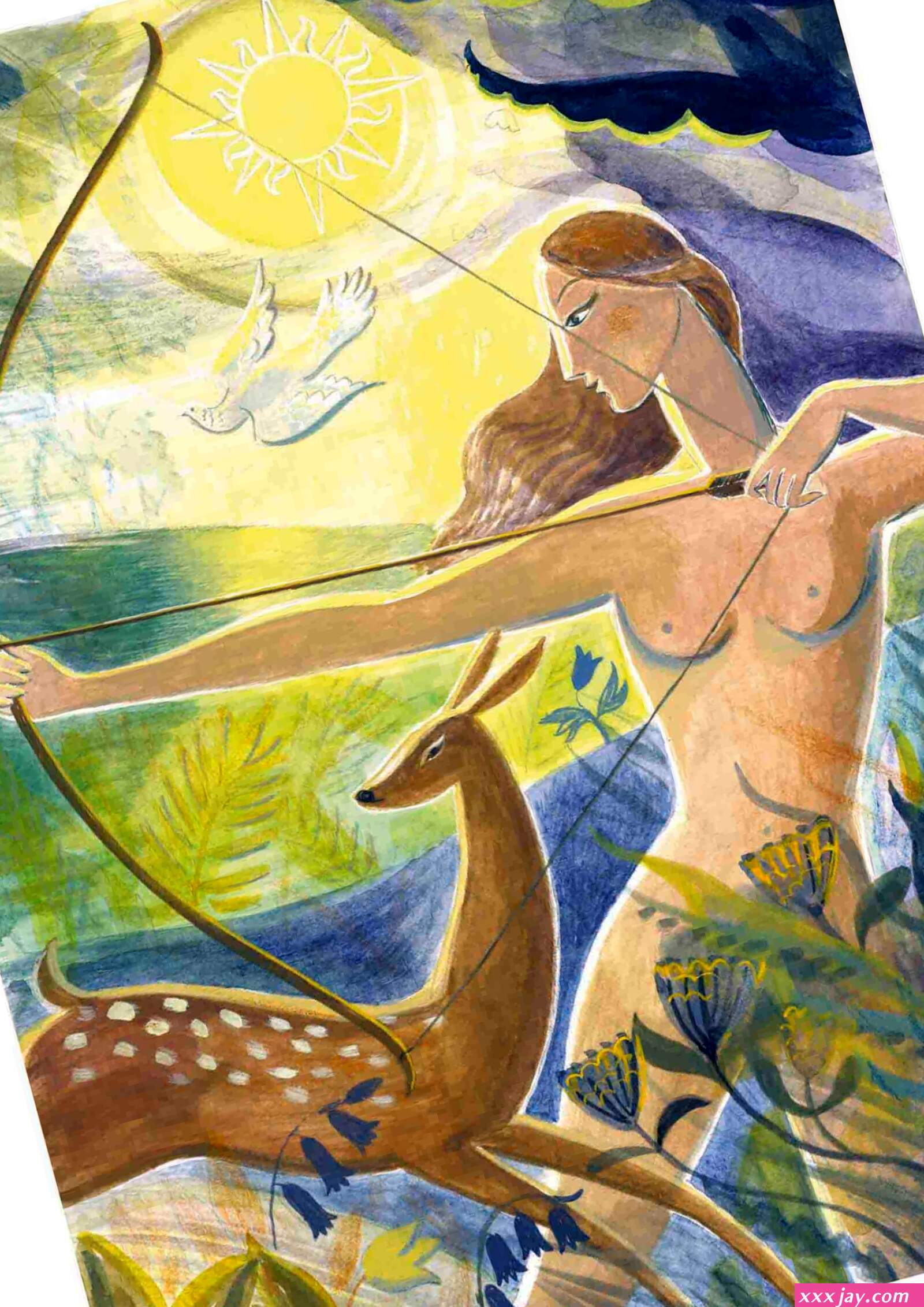 Diana Artemis Huntress Art Print Watercolour Nude Lady Naked Woman Greek Fantasy Deer Countryside Poster Vogue Painting A3 A2 A1