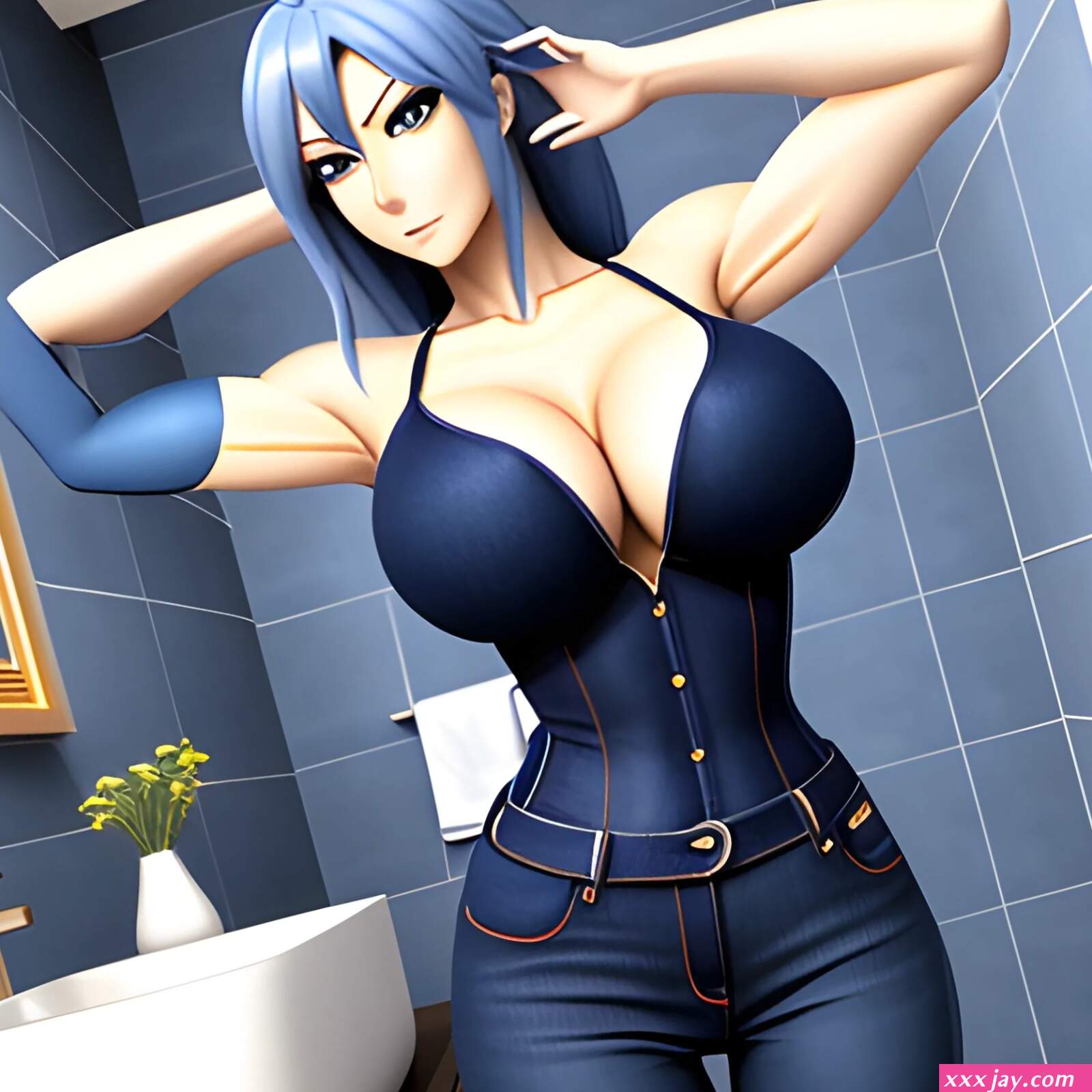 Anime blonde girl front view tight dark blue jeans bathroom detailed 3Dbig boobs
